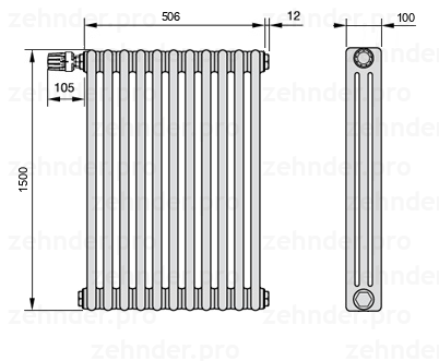 Схема (чертеж) Радиатор Zehnder Charleston 3150/11 №V012 Белый глянцевый RAL 9016